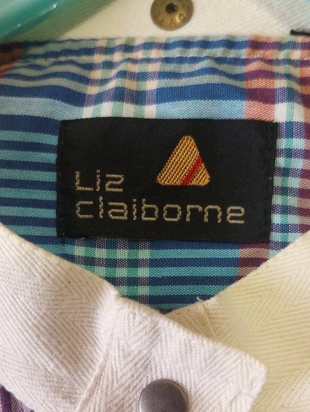Liz Claiborne Colorful Plaid Vintage Top. Blue Aqua Gold Orange White, Medium/Lg - Picture 3 of 4